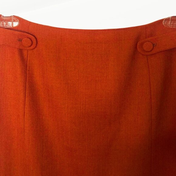 J. Crew Burnt Orange, Herringbone, Midi, Wool Skirt w/ Decorative Buttons, Sz 4 - Picture 5 of 11